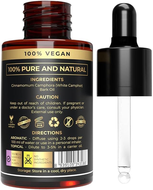 100% Pure & Organic Camphor Oil for Aromatherapy Diffuser & Humidifier | Perfect Essential Oil for Relieving Irritation, Itching, Acne and Pain |