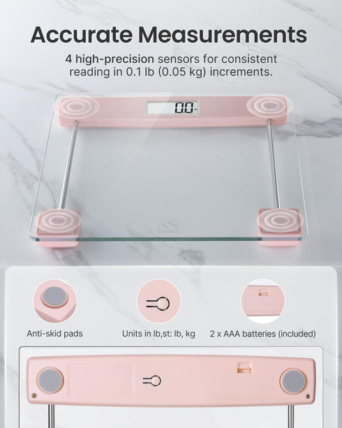 FITINDEX Bathroom Scale for Body Weight, Highly Accurate Digital Weighing Scale with Large LCD Display, Transparent and Slim Tempered Glass, 400 lbs, Pink