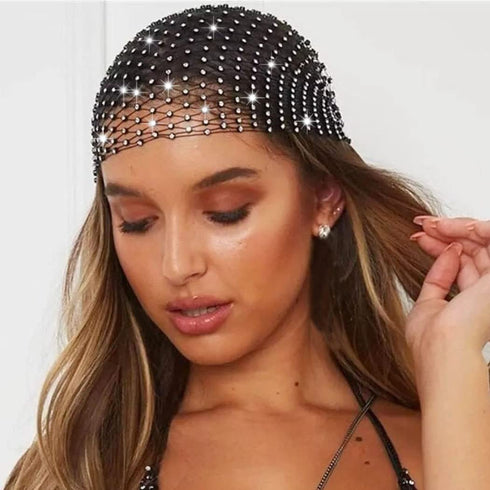JEAIRTS Sparkly Rhinestone Mesh Headband, Stretchy Crystal Nightclub Headwrap for Women and Girls (1-Black)
