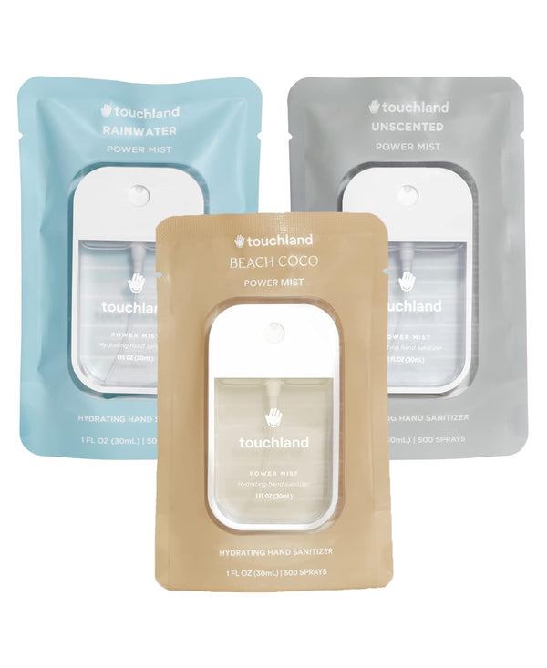 Touchland Hydrating Hand Sanitizer Spray Dye Free Trio Set (Rainwater, Unscented, Beach