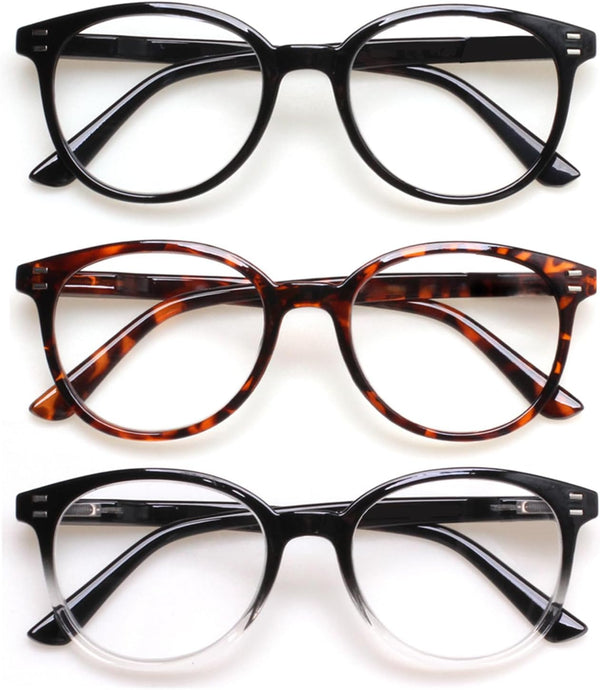3 Pack Reading Glasses Spring Hinge Stylish Readers, Black/Tortoise for Men and Women, 1.0 Medium