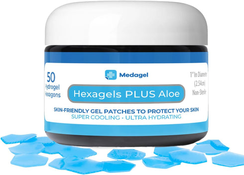 Hexagels Plus Aloe Vera - Hydrogel Pads Protection & Treatment | Blister Prevention | Instant Cooling and Soothing Relief of Skin Irritations | 50ct Hexagon Pads (Original Formula)