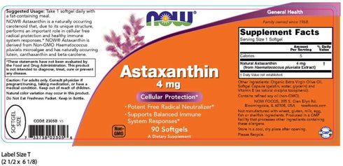 NOW Supplements, Astaxanthin 4 mg derived from Non-GMO Haematococcus Pluvialis Microalgae and has naturally occurring Lutein, Canthaxanthin and Beta-Carotene, 90 Softgels