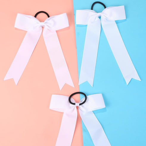 Hipcheer 20pcs Collegiate Style Cheer Bows for Girls, Handmade Long Tail Skinny Ponytail Holder for Sports (White)