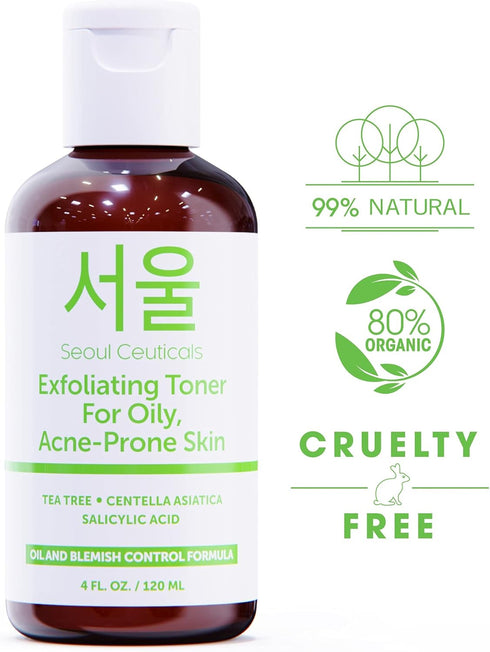 SeoulCeuticals Korean Toner for Oily Acne Prone Skin, Tea Tree Facial Toner with Centella Asiatica, 4 FL OZ