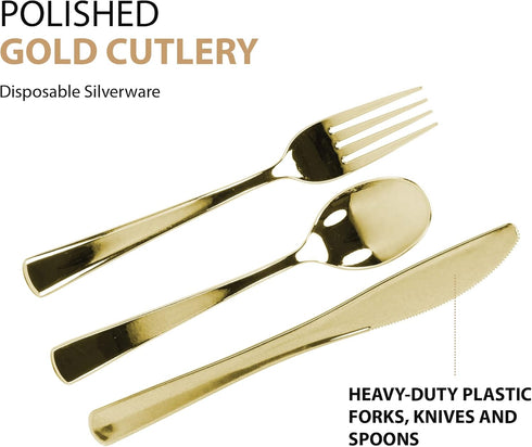 Extra Heavyweight Disposable Plastic Cutlery Silverware Combo, Polished Gold, 160 Count (80 Forks, 40 Spoons, 40 Knives)