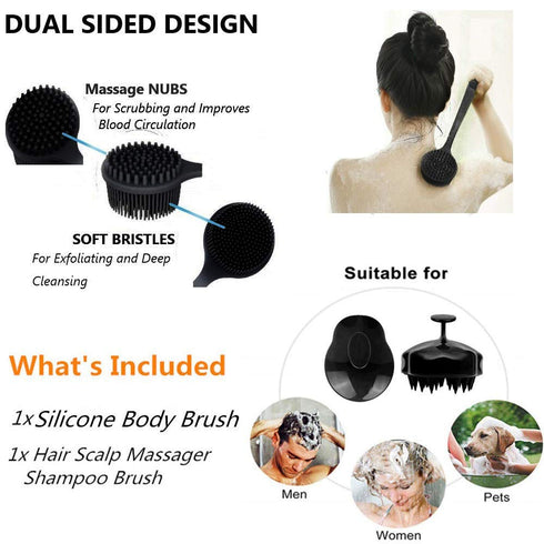 Silicone Body Scrubber & Scalp Massager, Long Handle Shower Brush, Exfoliating Scrubber for Men, Women & Kids