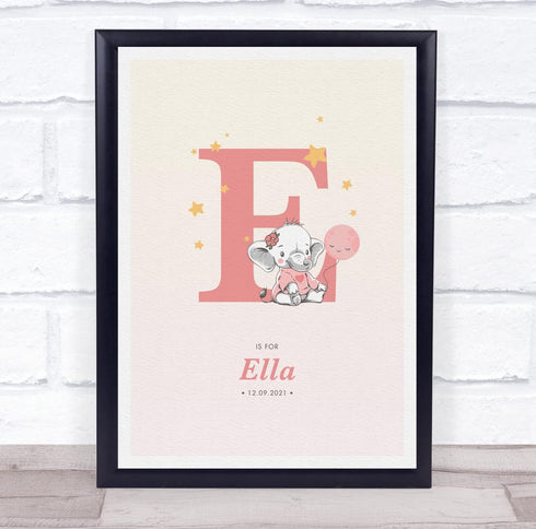 The Card Zoo Pink Baby Girl Elephant Initial E Baby Birth Details Nursery Christening Print