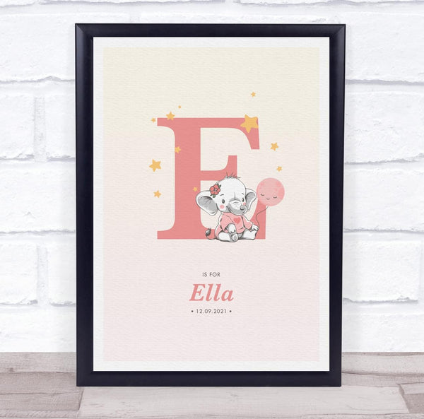 The Card Zoo Pink Baby Girl Elephant Initial E Baby Birth Details Nursery Christening Print