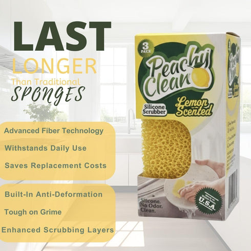 Peachy Clean Kitchen Dish Sponge & Scrubbers, Fresh Lemon Scent, Non-Scratch, Odor-Resistant, Durable Silicone Dish