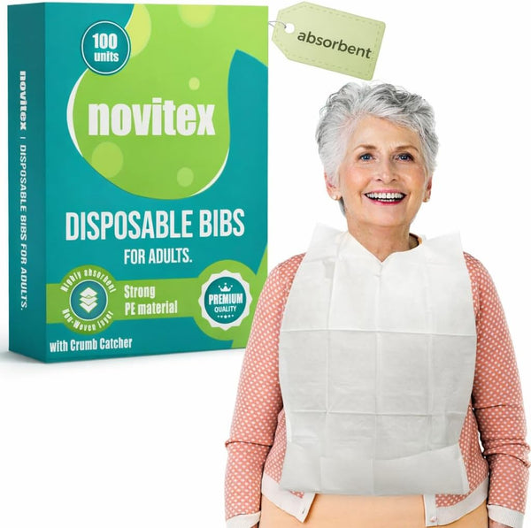 novitex Disposable Bibs for Adults - Large, Firm PE Plastic, High Absorbent Bib