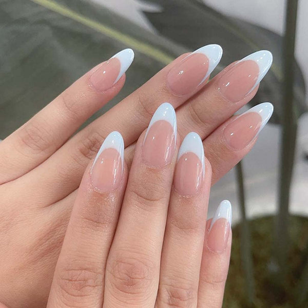 RikView French Press on Nails, Oval Glossy Fake Nails Short White False Nails Full Cover Prom Nails for Women and Girls