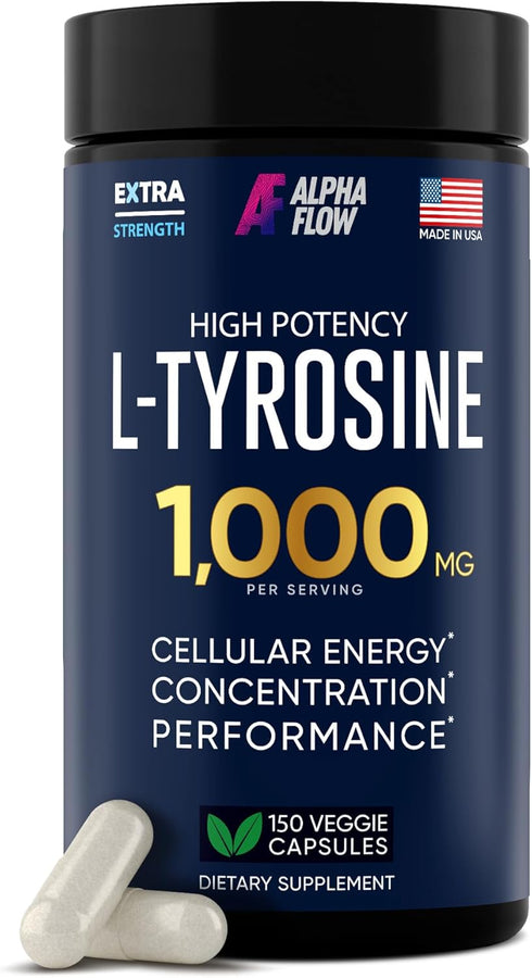 L Tyrosine 1000MG Capsules, All-Natural Supplement for Focus & Energy Boost, Vegan, 150 Caps