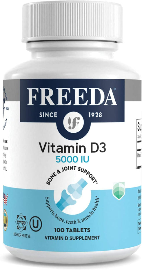 FREEDA Vitamin D3-5000 IU, Pure High Potency Kosher Supplement Tablets, 100 Count