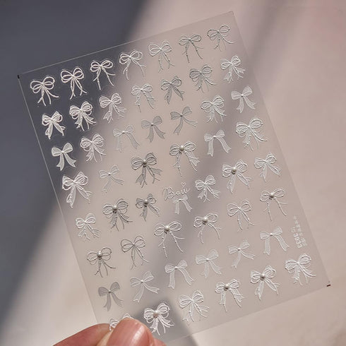 5D Embossed White Lace Bowknot Nail Art Stickers, Pearl Bow Nail Decals for Retro Nail Art Supplies