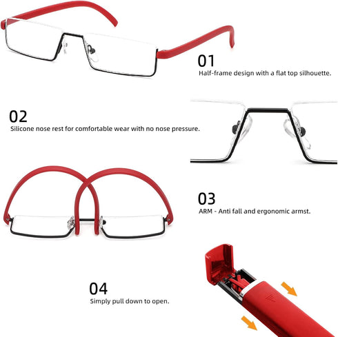 REAVEE Stylish Half Frame Reading Glasses for Women, Lightweight Rectangle Metal Portable Readers with Cases, Red +1.0