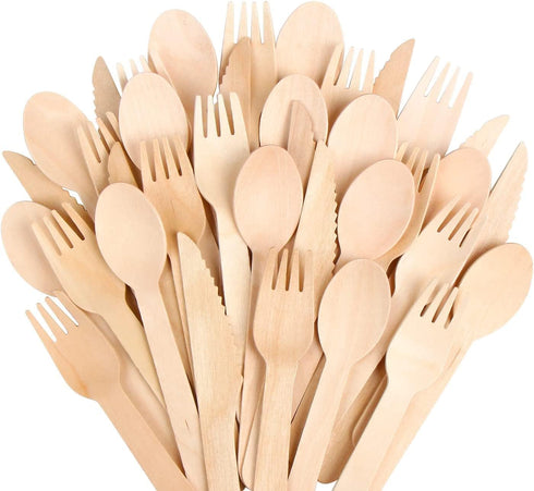 (500 Count) 100% Compostable Wooden Cutlery Set - 200 Wood Spoons, 200 Forks, 100 Knives, Eco-Friendly Disposable