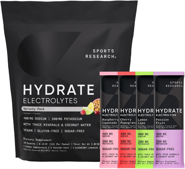 Sports Research Hydrate Electrolytes Powder Packets - Sugar-Free, Naturally Flavored with Vitamins, 16 Packets Variety