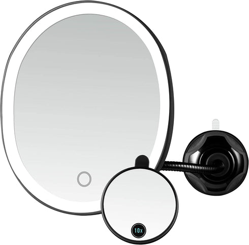 OVENTE 9'' Rechargeable Lighted Wall Mount Makeup Mirror, 1X Magnifying with 10X Mini Magnetic, Dimmable (Black)