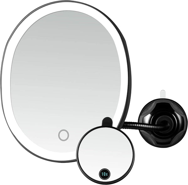OVENTE 9'' Rechargeable Lighted Wall Mount Makeup Mirror, 1X Magnifying with 10X Mini Magnetic, Dimmable (Black)
