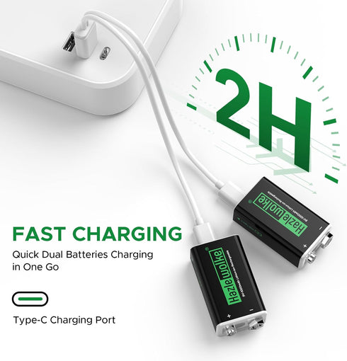 9V Rechargeable Battery, 1000mAh Long Lasting Lithium, 2 in 1 USB-C Fast Charging Cable, High Capacity (2 Pack)