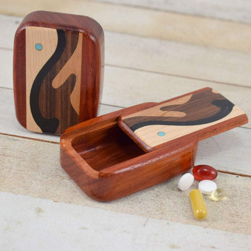 Handcrafted Pocket Pill Box - Standard Size in Padauk Wood with Elegant Wave Inlay