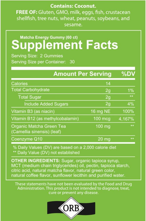 Matcha Organic Green Tea Energy Gummies with Vitamin B12, B3, and Antioxidant CoQ10 for Natural Energy Boost