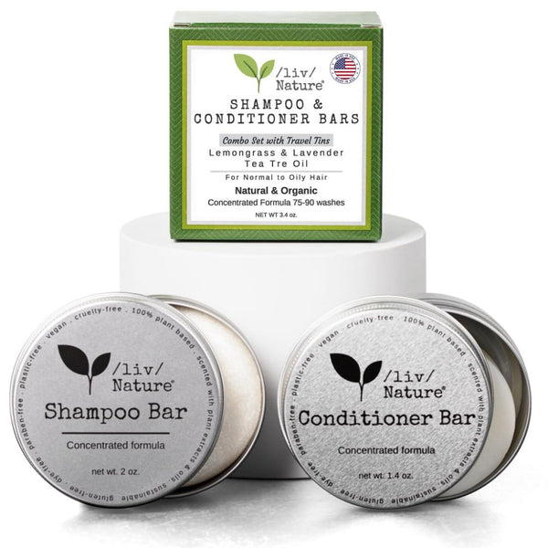 Shampoo Bar and Conditioner with Travel Tins, Lemongrass, Lavender, Tea Tree Oil, 2-pk for Oily Hair