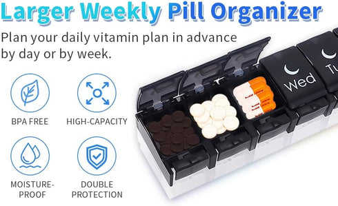 sneovvin 7 XL Large Weekly Pill Organizer, Day AM PM Pill Case with Compartment for Fish Oils, Travel-Friendly Medicine