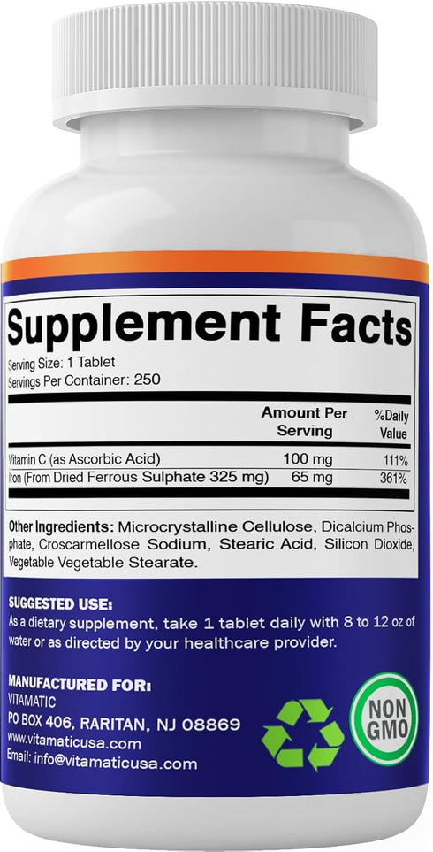 Vitamatic Ferrous Sulphate 325 mg + Vitamin C 100 mg - 250 Coated Tablets High Potency Iron Supplement Made in USA
