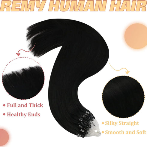 YoungSee Micro Bead Hair Extensions, Real Human Hair Black Microlink Extensions, Jet Black Micro Ring, 16 Inch, 50s/50g