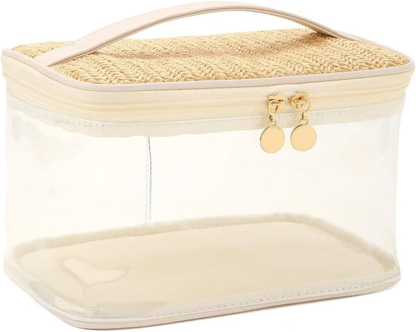 Boho Large Clear PVC Waterproof Makeup Bag with Handle, Transparent Zipper Cosmetic Bag for Travel & Beach (Beige)