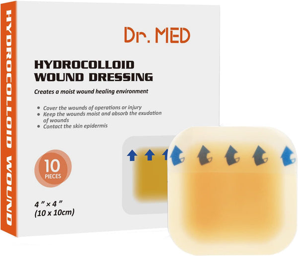 Dr. Med Hydrocolloid Wound Dressing 4"x4", 10 Pack/Box, Waterproof Adhesive Bandage for Light Exudate and Superficial