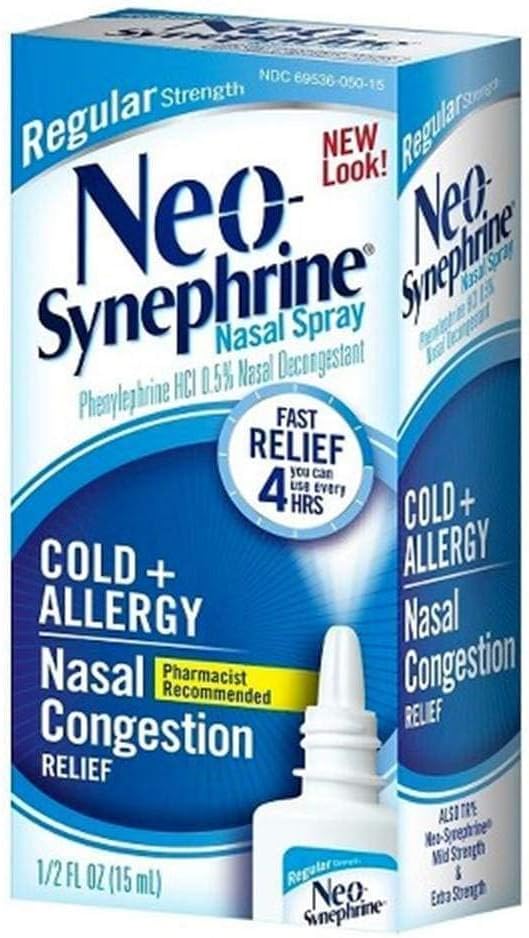 Neo-Synephrine Nasal Decongestant Spray, Regular Strength, 0.50 oz (PACK OF 4)