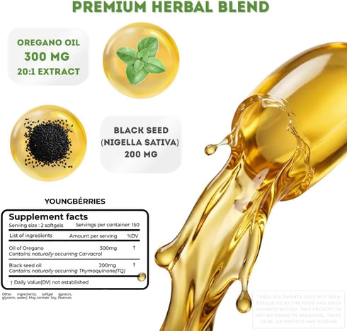 YOUNGBERRIES 300 Count Immune Oil of Oregano with Black Seed Oil Softgels | | Non-GMO & Gluten-Free | Lab-Tested |