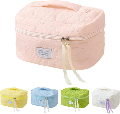 Floral Makeup Case, Large Capacity Quilted Toiletry Bag with Cotton Inserts, Daily Travel Organizer (Pink)
