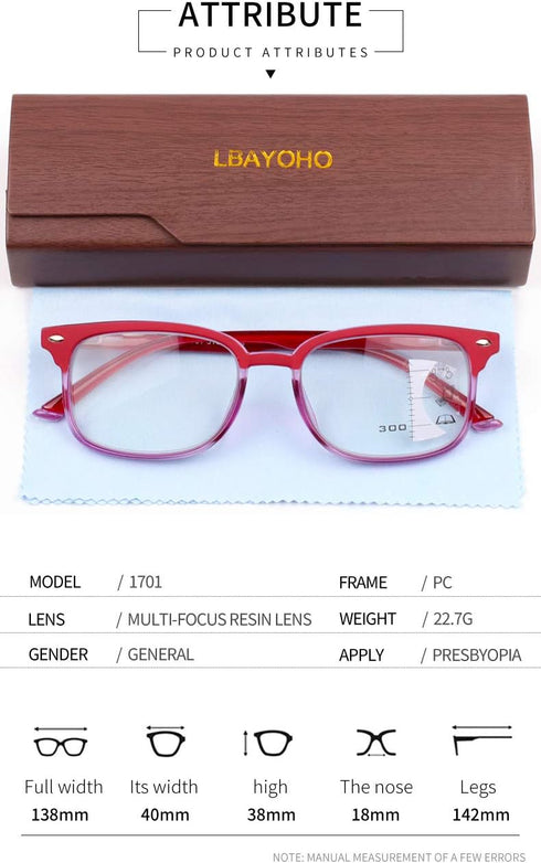 LBAYOHO Progressive Multifocus Reading Glasses for Women and Men, Blue Light Blocking, 100% UV Protection, Red 1.5X