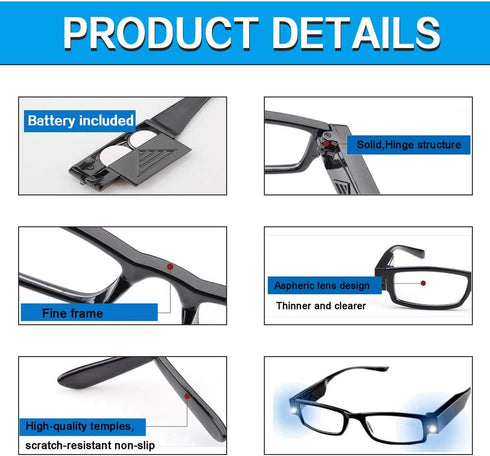 Reading Glasses Bright LED Readers with Lights, Lighted Magnifier Nighttime Reader Compact Full Frame Eyewear, 5PCS