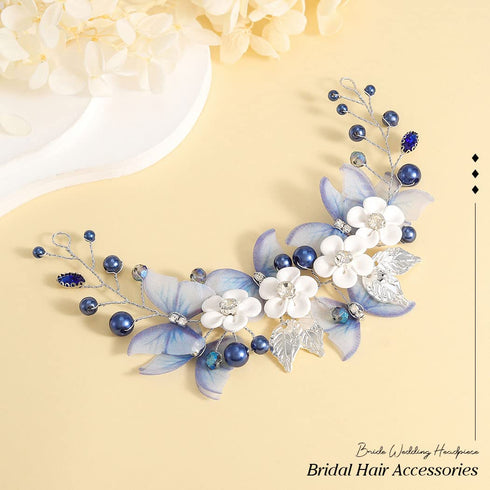 Unicra Butterfly Bride Wedding Hair Vine, Blue Pearl Bridal Hair Piece, Rhinestone Headband for Women