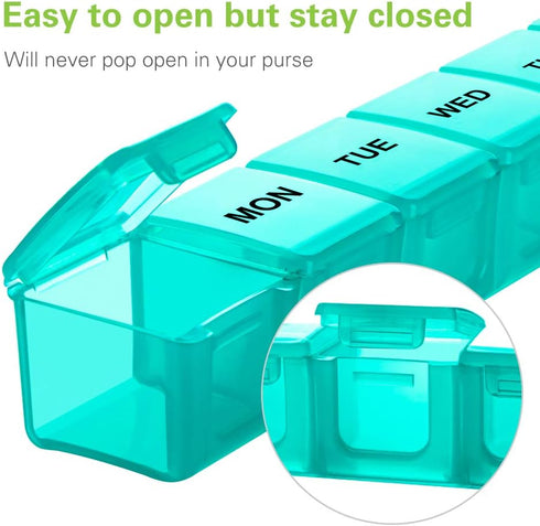 BUG HULL Weekly Pill Organizer - Large 2 Packs, Extra Large Travel Pill Organizers, 7 Day Pill Box (Blue+Green)