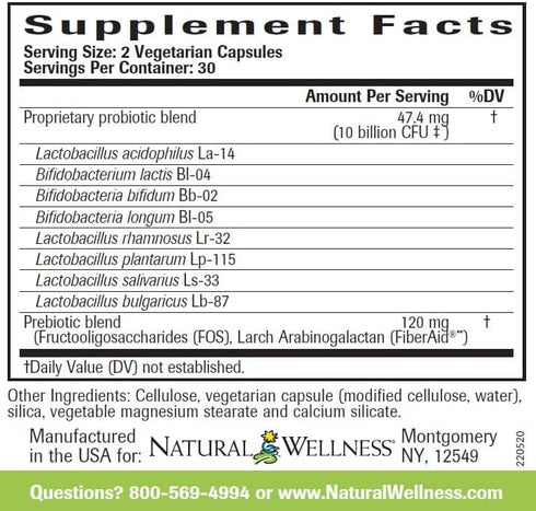 Natural Wellness Super Probiotics - 10 Billion Viable Cells Per Serving- 30 Day Supply