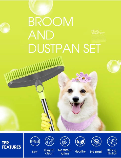 Adjustable Rubber Push Broom and Dustpan Set, Self Cleaning Indoor Outdoor Angle Brooms for Home, Long Handle for Pets