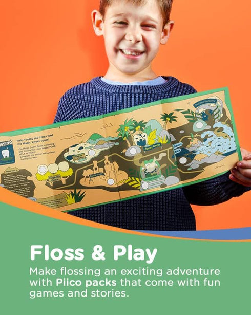 Unflavored Kids Floss - No Fluoride Dual Line Dental Floss Picks in Colorful Design, 300 Playground Dino & Travel Case