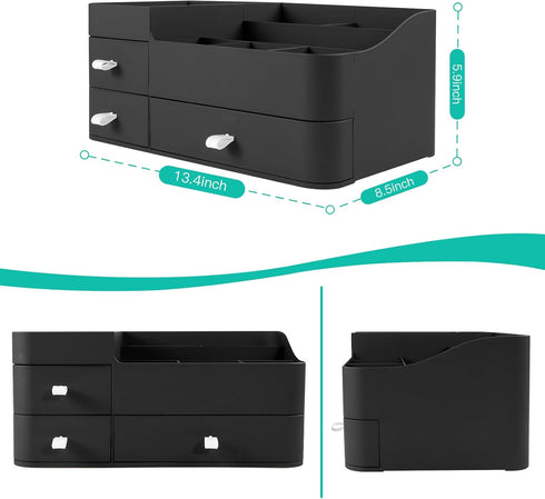 Large Makeup Organizer for Vanity - Countertop Storage with Drawers for Skincare, Brushes, and Cosmetics (Black)
