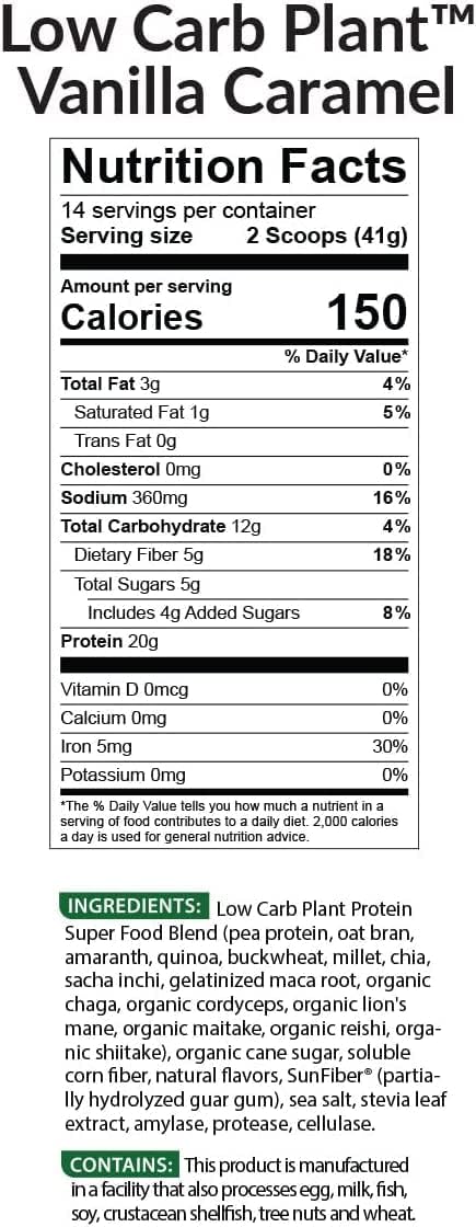 BioTrust Low Carb Plant Protein, Vanilla Caramel, 20 Grams of Clean Protein, 5 Grams Fiber, 14 Servings