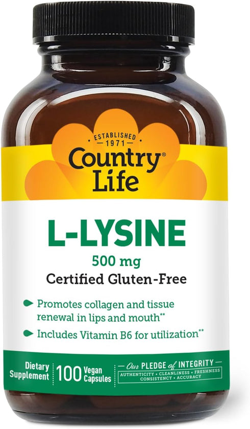 Country Life L-Lysine 500mg with B-6, 100 Vegan Capsules - Immune Health Support