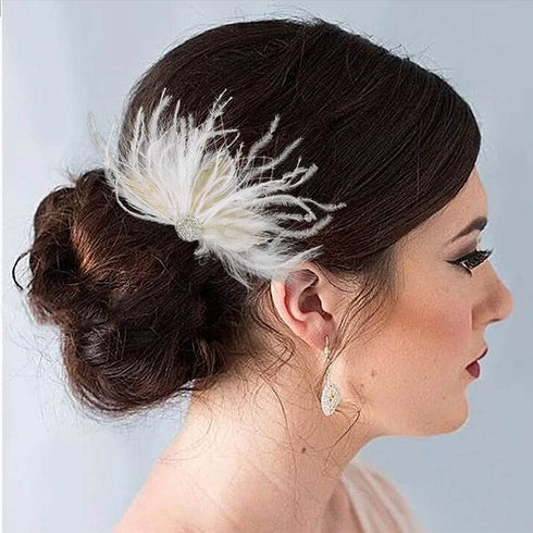 Latious Wedding Bride Flapper Feather Hair Comb with White Crystal, 1920s Hair Clip Fascinator for Women