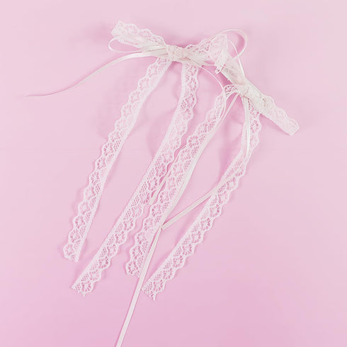 Lace Hair Bow with Long Tail Coquette Bows - Elegant White Ribbon Hair Accessory for Women (A Pair)