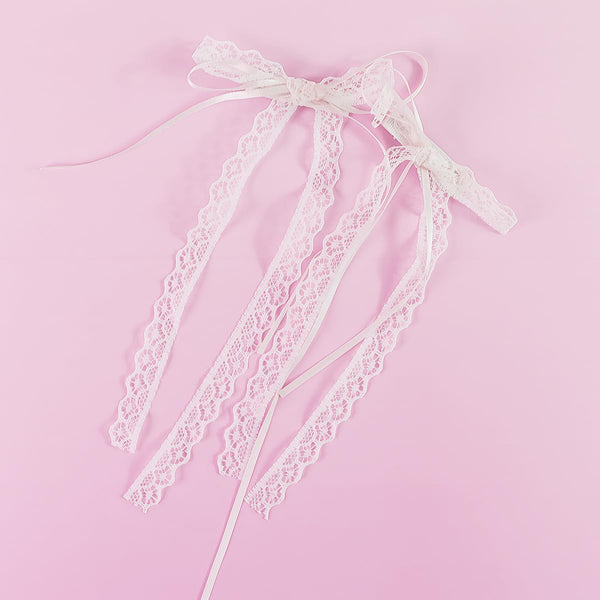 Lace Hair Bow with Long Tail Coquette Bows - Elegant White Ribbon Hair Accessory for Women (A Pair)