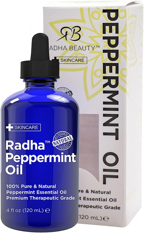 Radha Beauty Peppermint Essential Oil, 4 oz, 100% Pure & Therapeutic Grade, Fresh Minty Scent for Aromatherapy